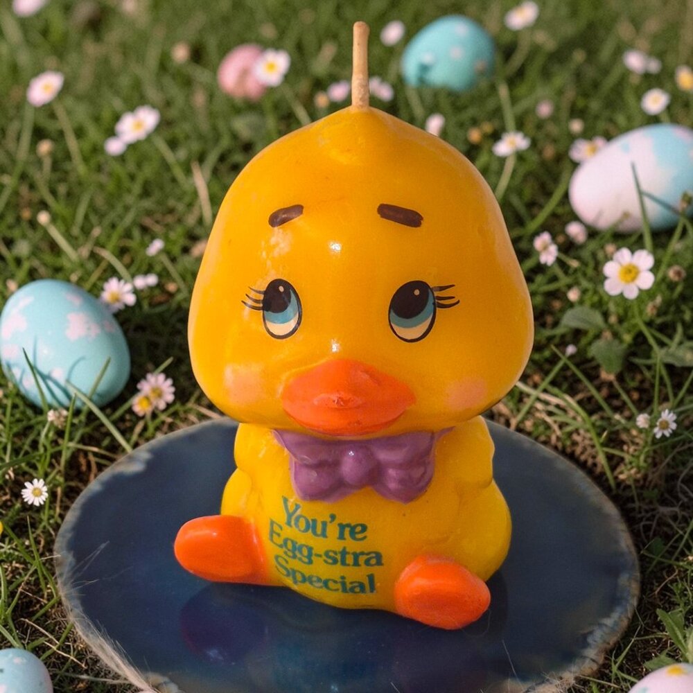 Vintage Easter Chick Candle “You’re Egg-Stra Special” with Purple Bow